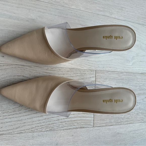Cult Gaia Neutral Beige Leather PVC Pointed Toe Lucite Heels Mules - Picture 2 of 6